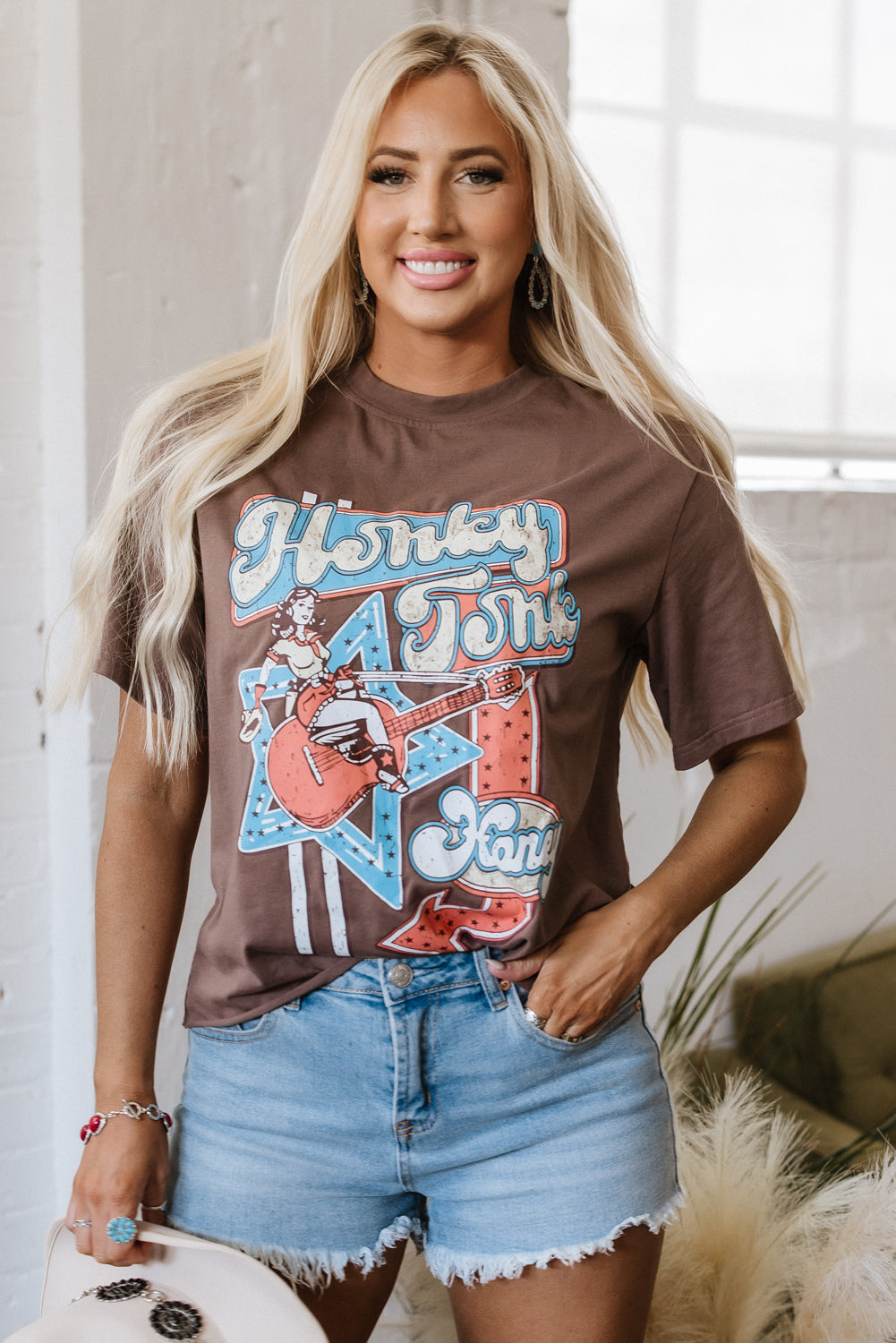 Coffee Honky Tonk Honey Graphic T-Shirt | Women’s Western Cowgirl Crew Neck Tee