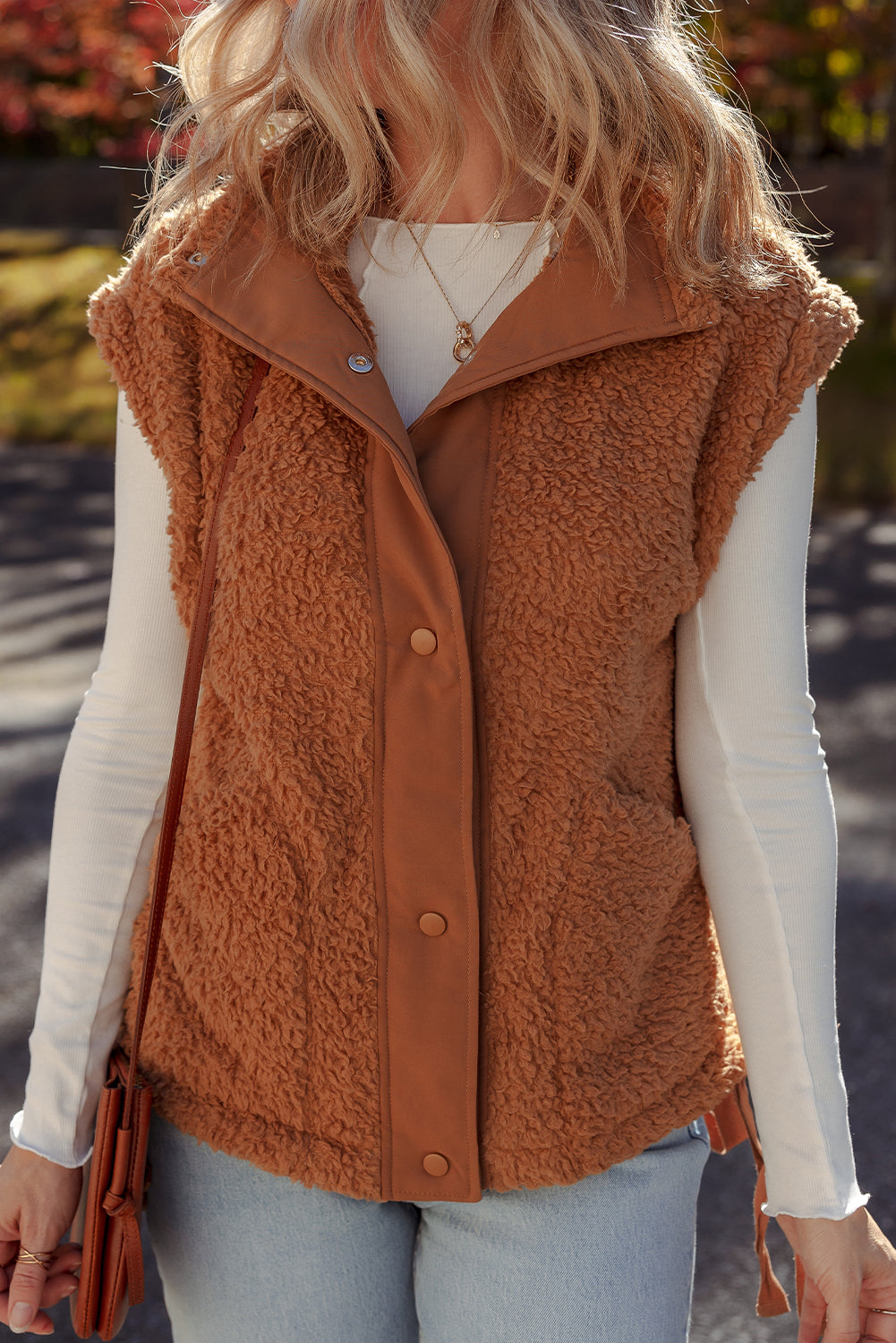 Cinnamon Faux Fur Vest – Snap Button Front Knot Side Plush Vest with Pockets, Cozy Layering Women’s Fall & Winter Fashion Outerwear