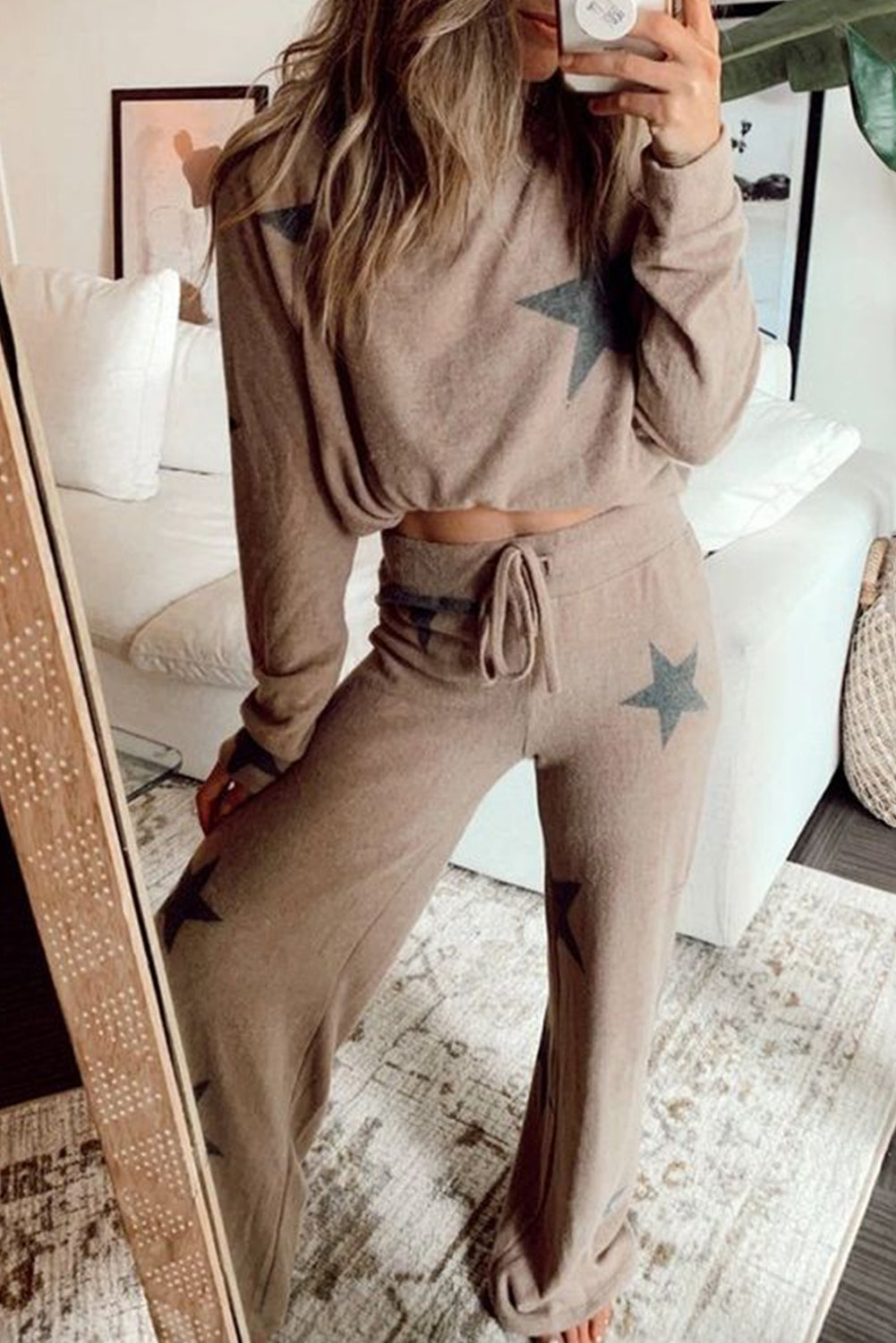 Cowgirl Pajamas, Khaki Retro Star Print Loose Long Sleeve Drawstring Wide Leg 2pcs Fall Lounge Set