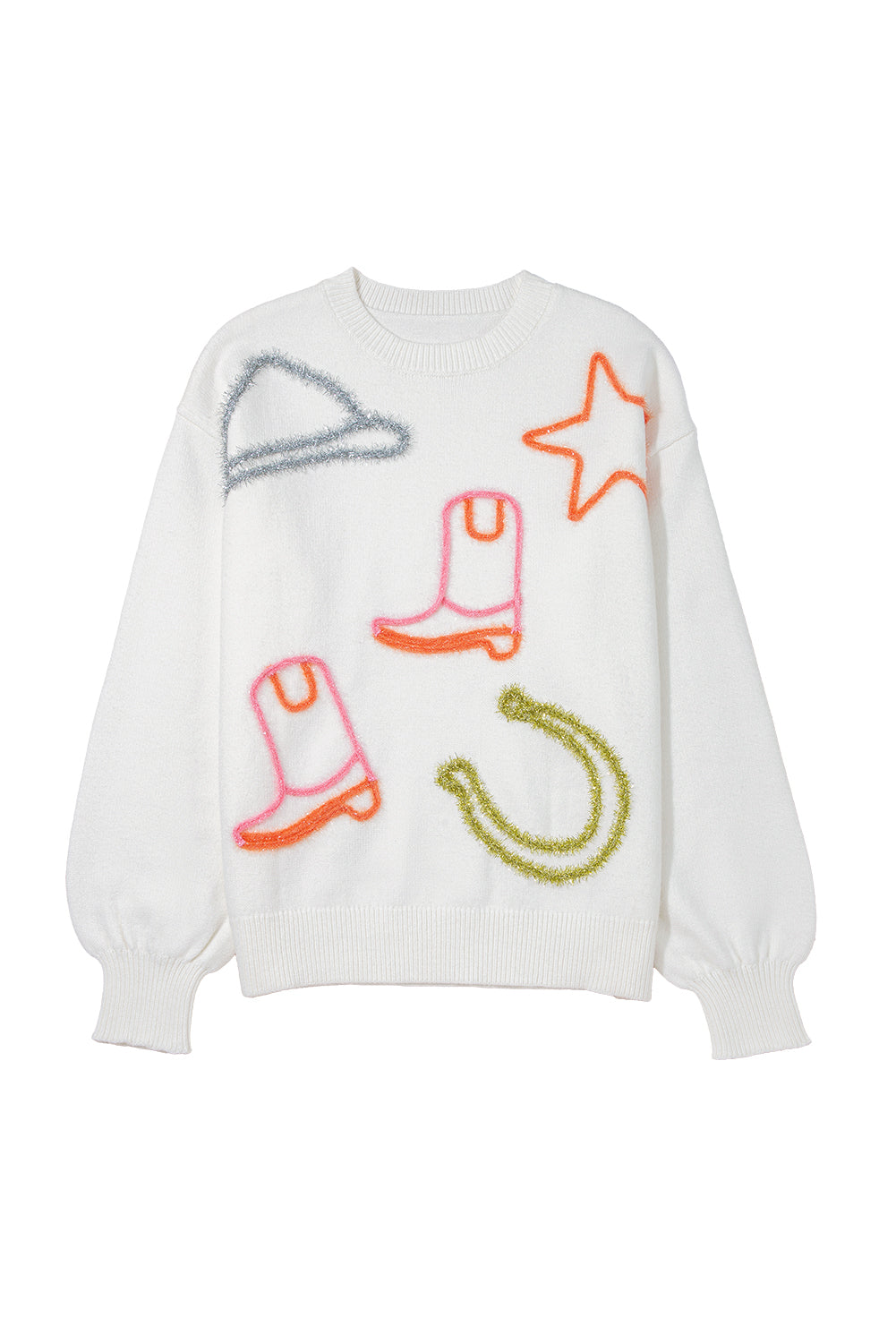 White Tinsel Western Boots & Horseshoe Star Knit Sweater | Cowgirl Graphic Crew Neck Pullover