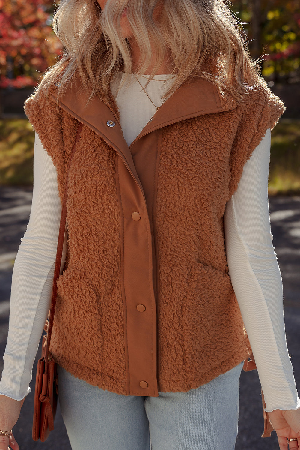 Cinnamon Faux Fur Vest – Snap Button Front Knot Side Plush Vest with Pockets, Cozy Layering Women’s Fall & Winter Fashion Outerwear