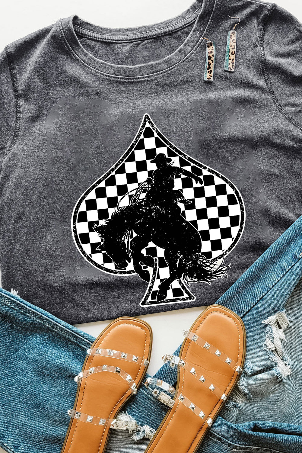 Gray Rodeo Poker T-Shirt | Western Bucking Horse Tee with Checkered Spades Graphic
