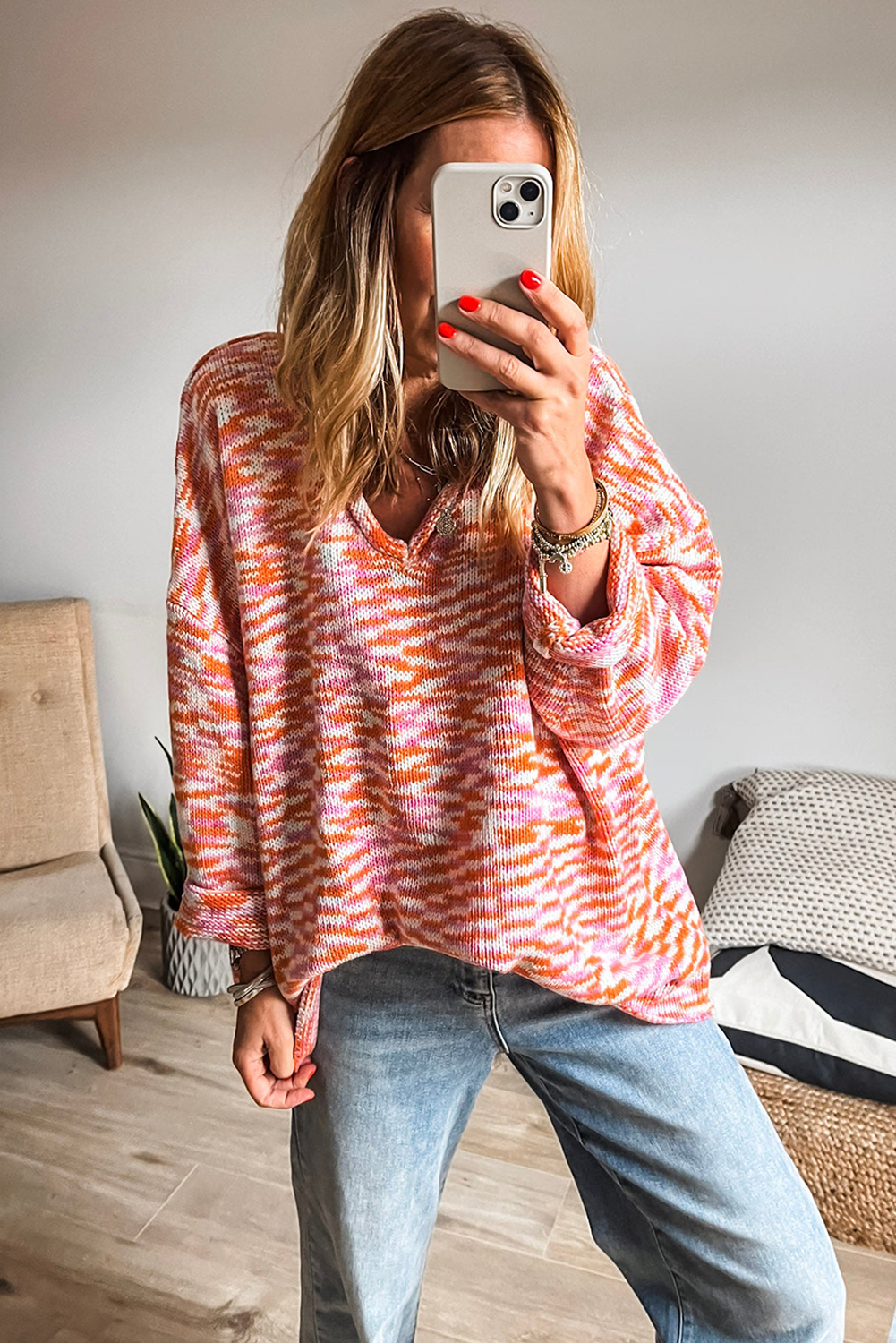 Women’s Orange Oversized Sweater – Fall Abstract Print V-Neck Drop Shoulder Tunic