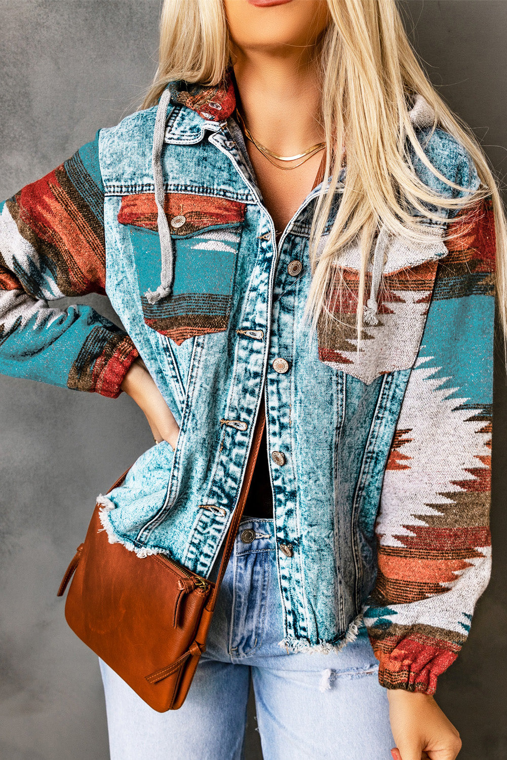 Multicolor Aztec Denim Jacket – Frayed Hem Western Boho Hooded Jean Jacket with Print Sleeves & Pockets, Women’s Vintage Fall Outerwear