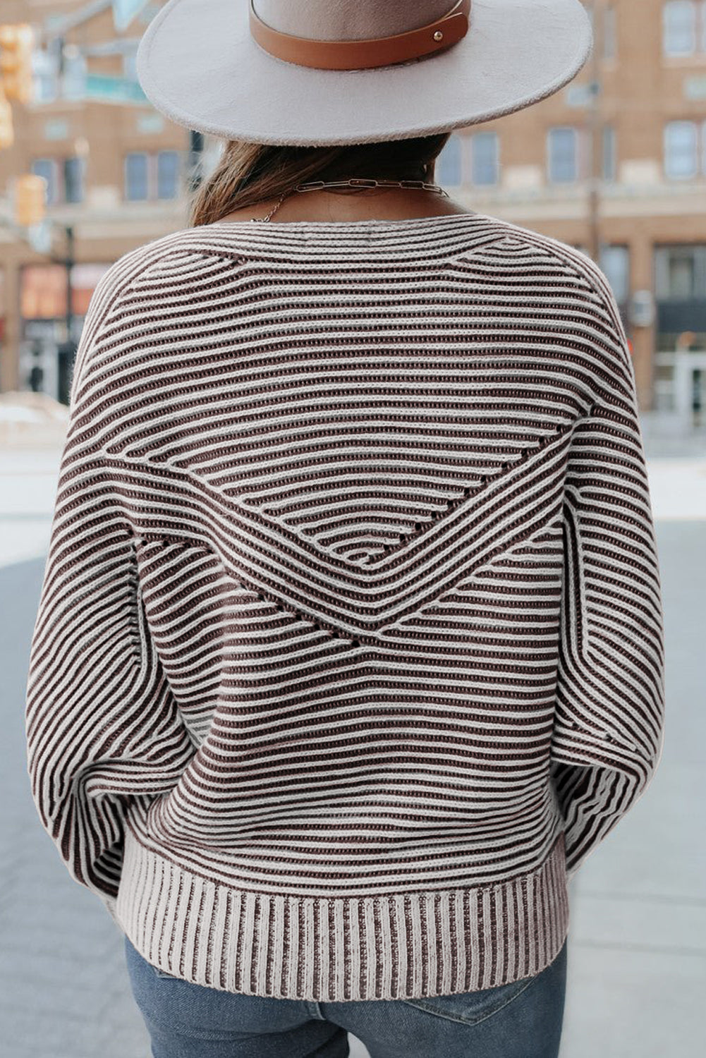 Coffee Striped Ribbed Knit Sweater, Womens Boat Neck Oversized Sweater, Cozy Baggy Striped Knit Top, Classic Ribbed Pullover