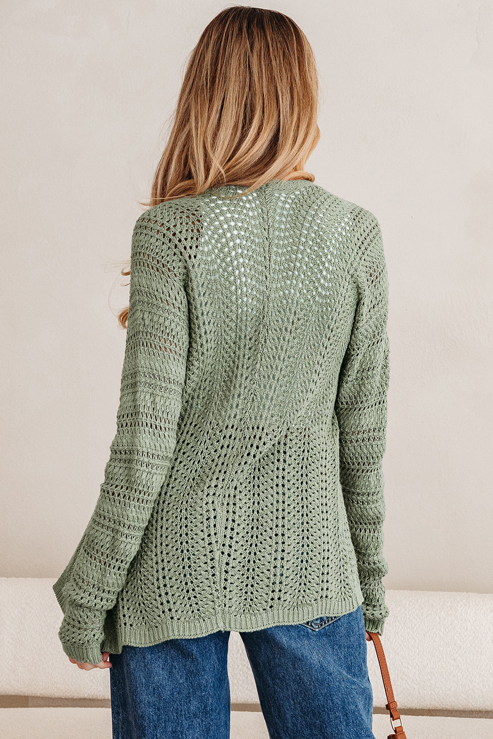 Green Batwing Sleeve Cardigan – Scalloped Edge Eyelet Knit Sweater, Lightweight Spring & Fall Layering Top