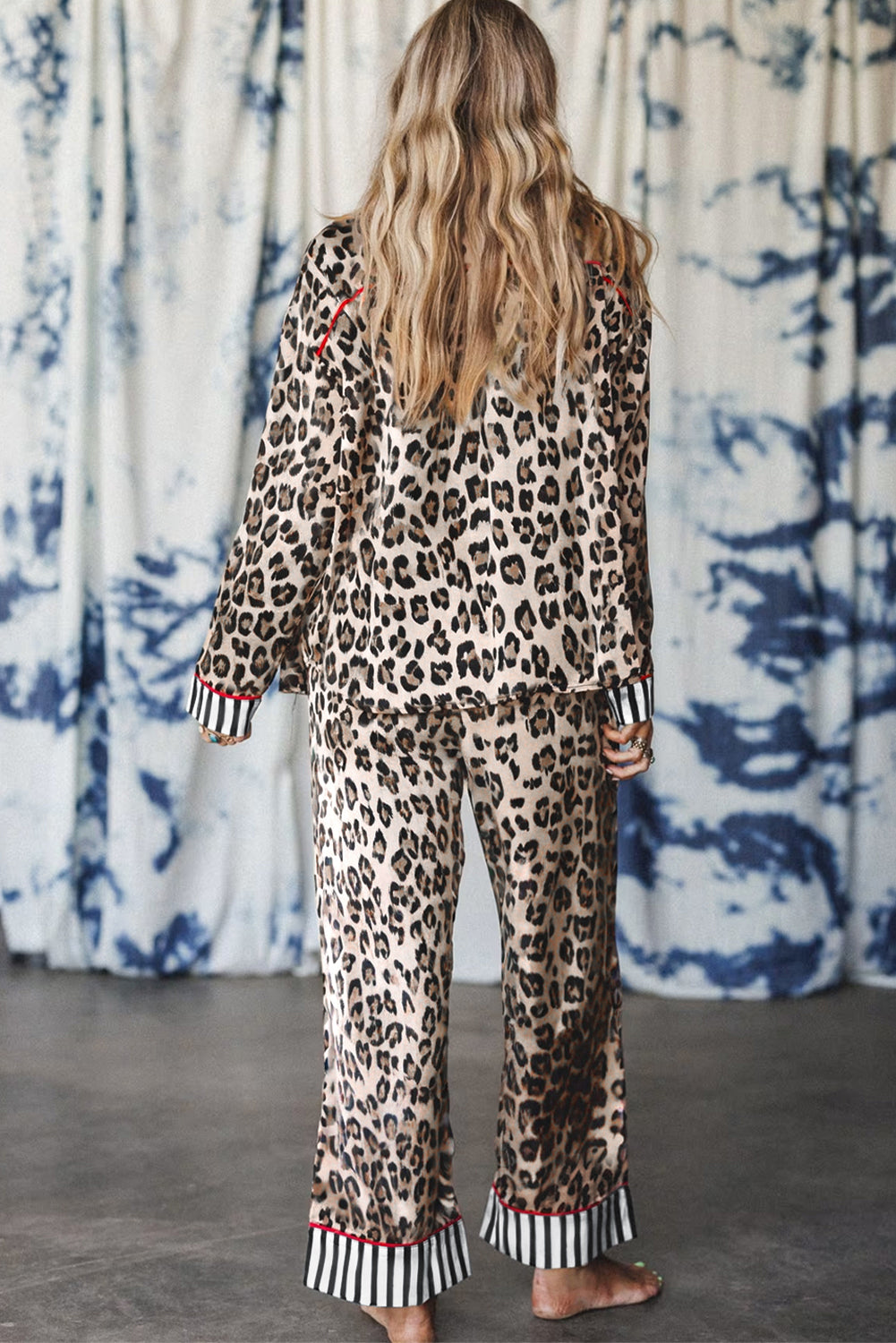 Womens Leopard Print Pajama Set – Colorblock Striped Shirt &amp; Pants, Cozy Lounge Sleepwear