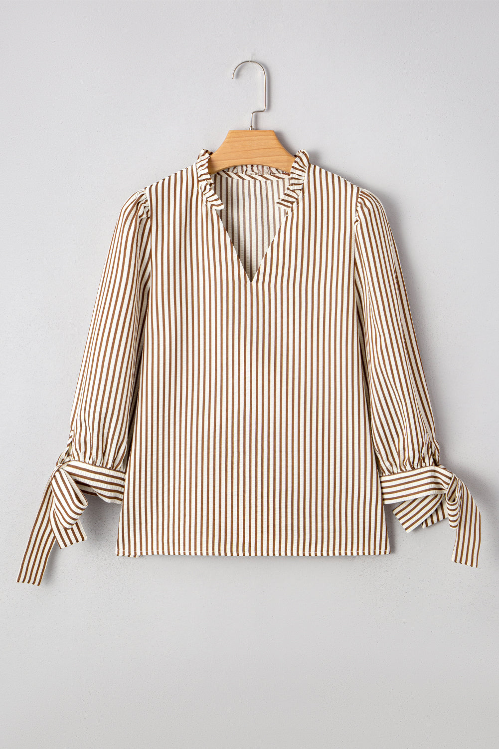 Fall Yellow Striped Blouse – Women’s Seersucker Split Neck Top with Tied Cuff Sleeves