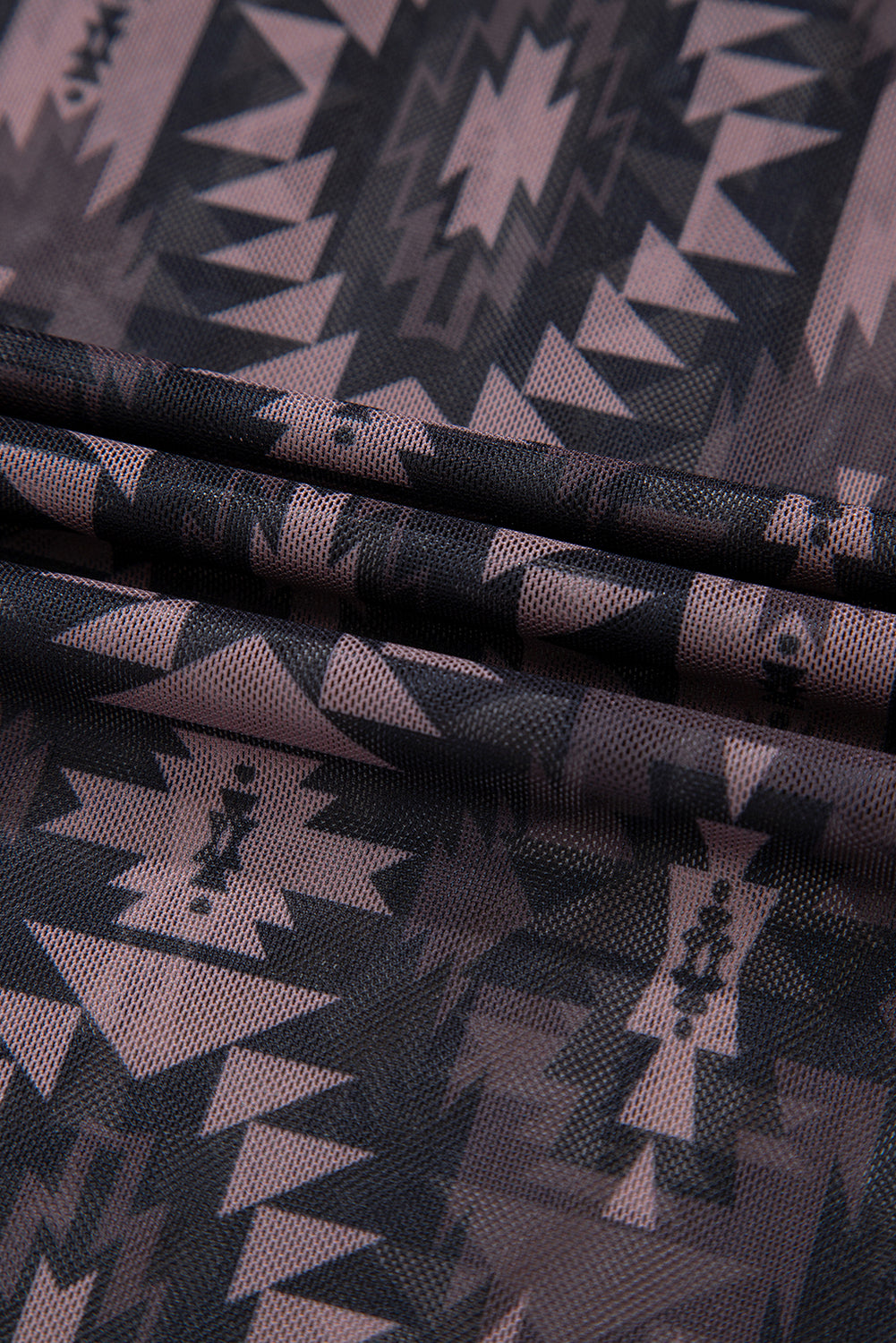 Brown Aztec Print Mesh T-Shirt | Mock Neck Short Sleeve Lightweight Top