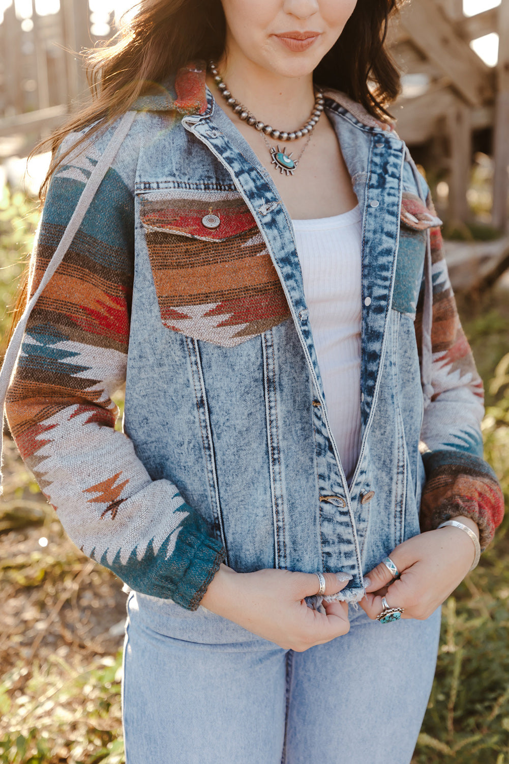 Multicolor Aztec Denim Jacket – Frayed Hem Western Boho Hooded Jean Jacket with Print Sleeves & Pockets, Women’s Vintage Fall Outerwear