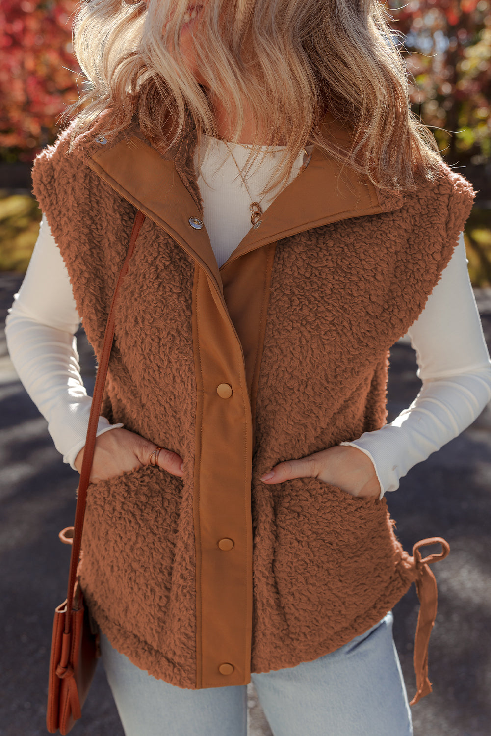 Cinnamon Faux Fur Vest – Snap Button Front Knot Side Plush Vest with Pockets, Cozy Layering Women’s Fall & Winter Fashion Outerwear
