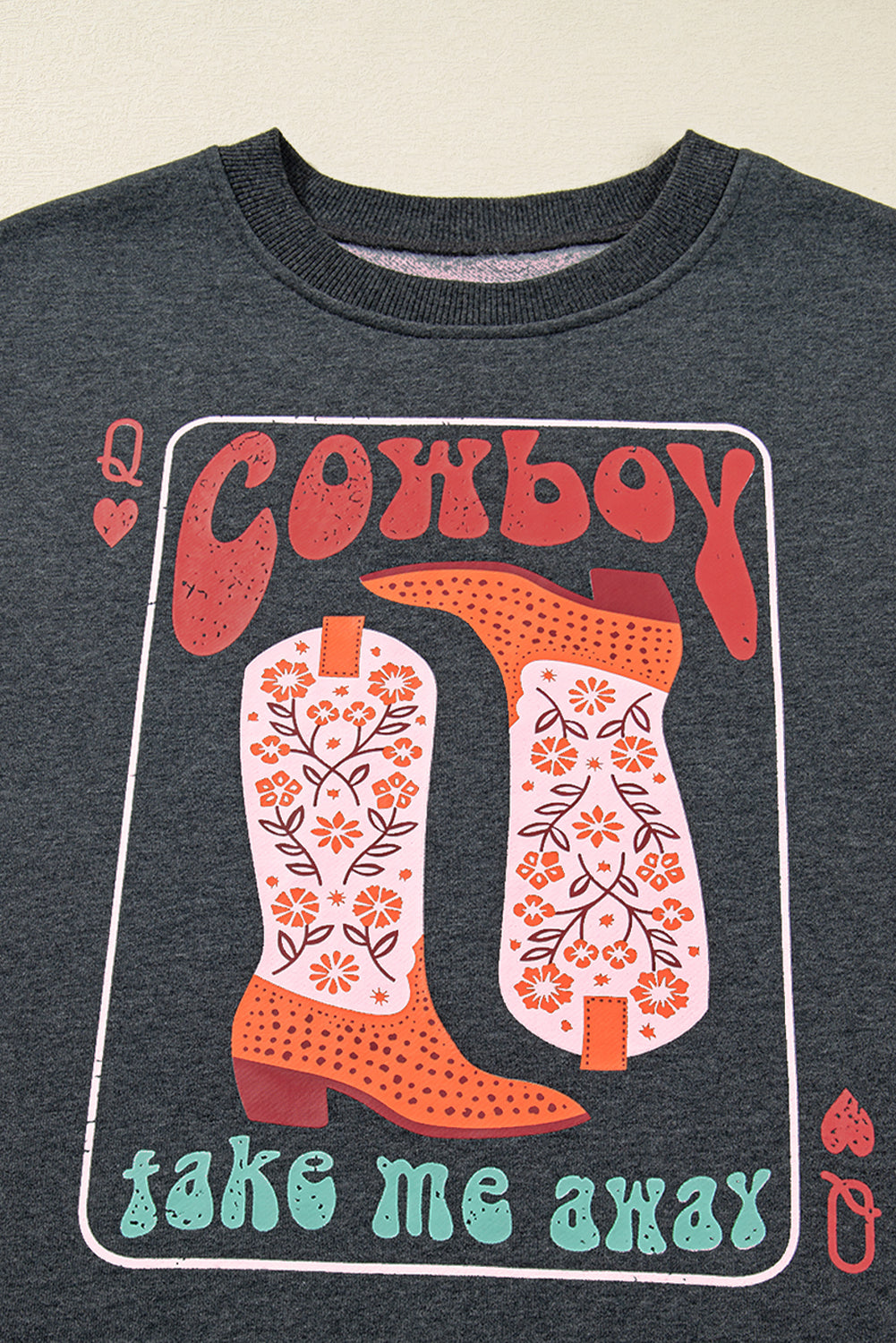 Carbon Grey Cowboy Queen Card Sweatshirt – Drop Shoulder Western Graphic Pullover, Cozy Fleece Rodeo Cowgirl Crewneck Top