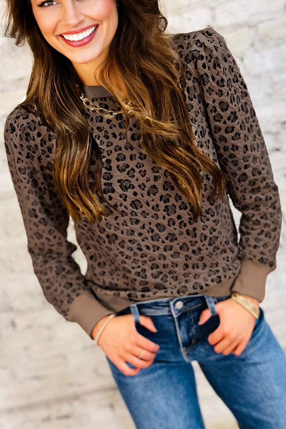 Womens Leopard Print Top, Brown Ribbed Trim Animal  Print Long Sleeve Top