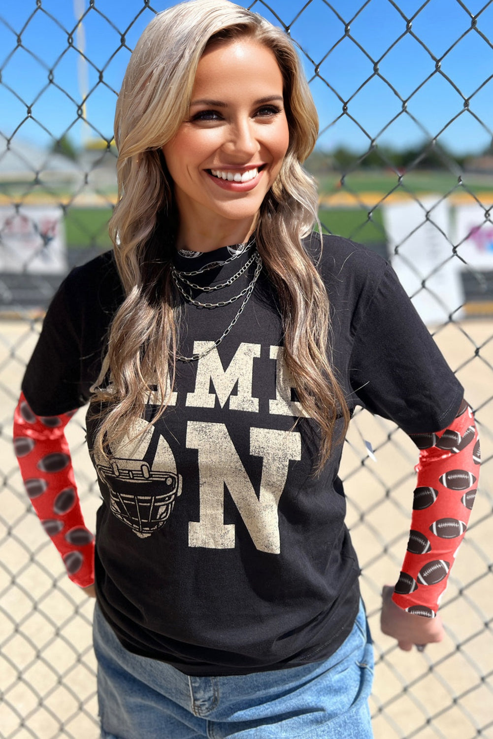 Red Football Mesh Top, Womens Game Day Sheer Long Sleeve Shirt, Sexy Mock Neck Football Print Top, Sporty Tailgate Outfit