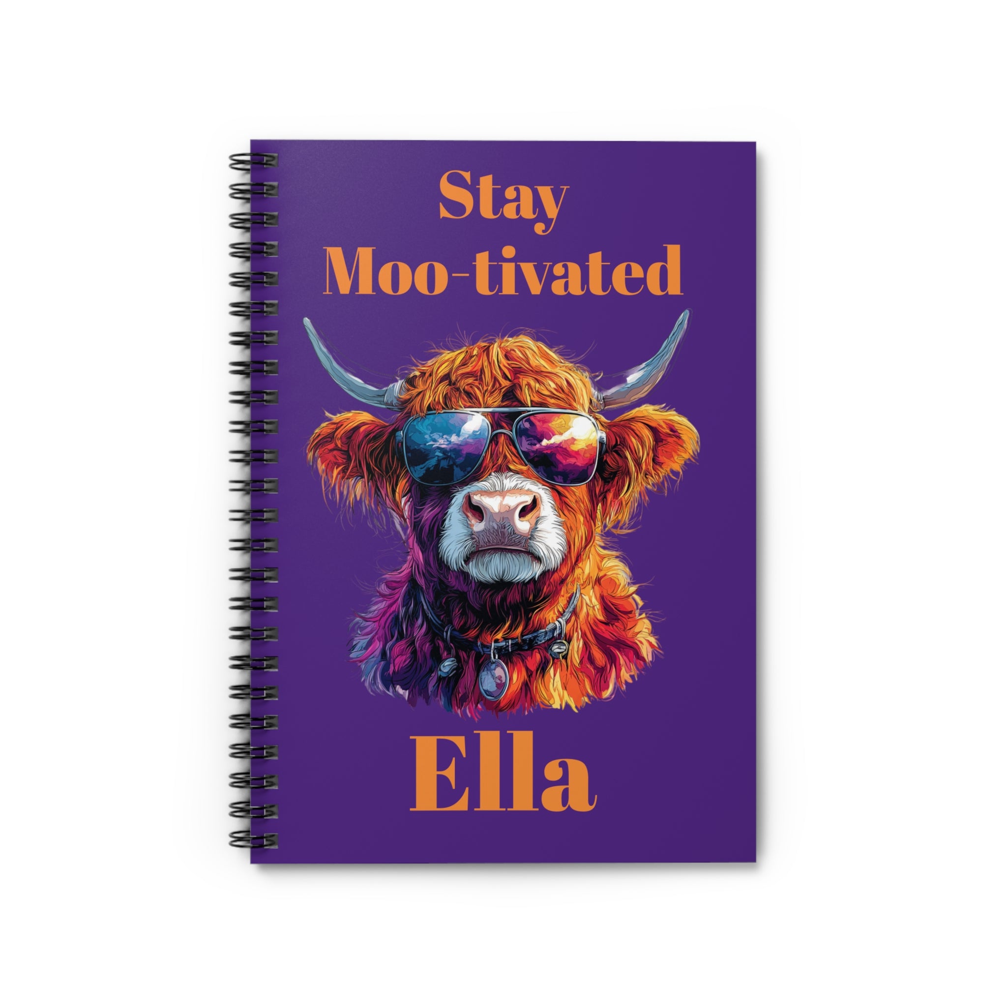Personalized Highland Cow Notebook, Stay Moo-tivated Purple Spiral Journal, Funny Cow Gift, Back to School Stationery