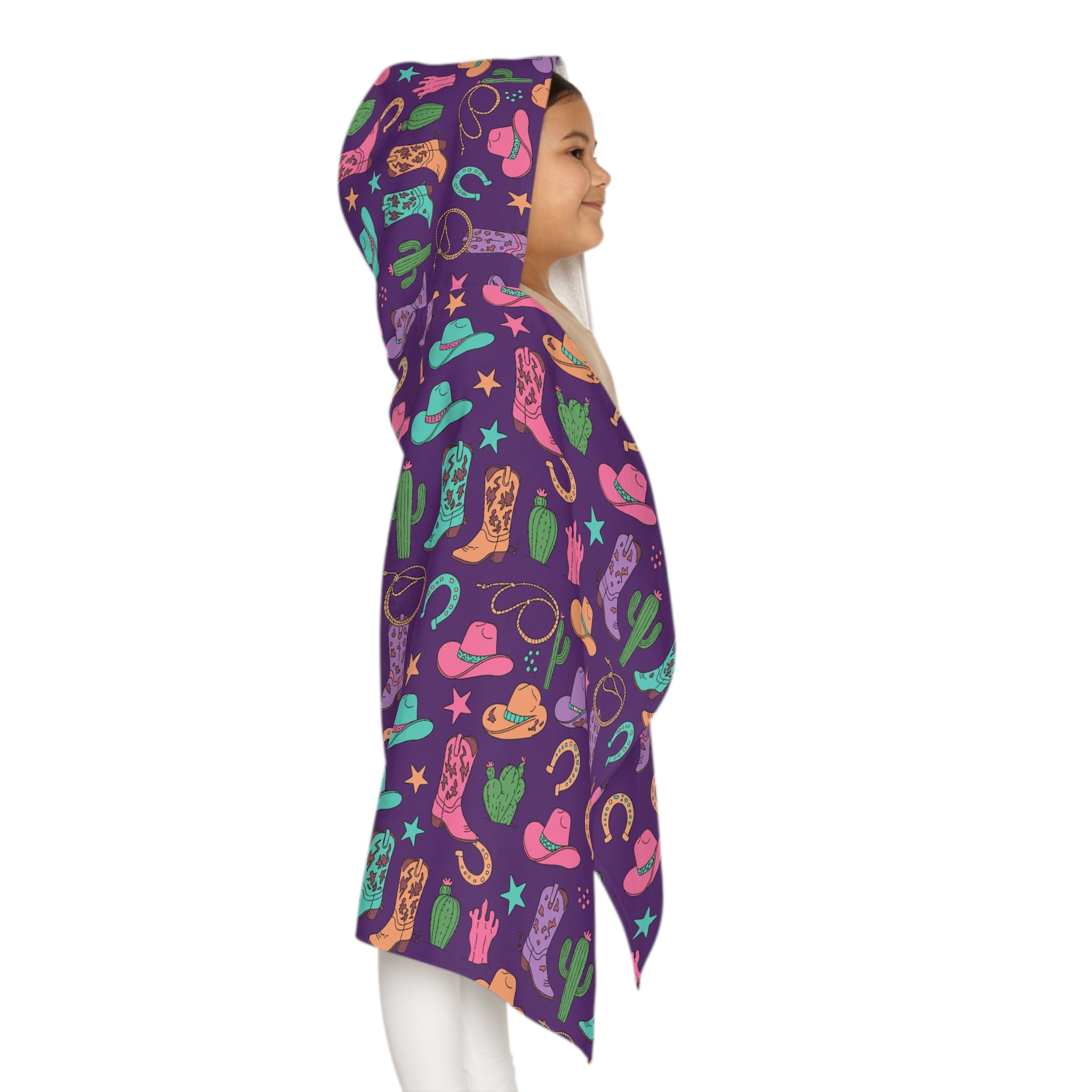 Cowgirl Hooded Towel for Kids, Personalized Western Towel with Cactus, Boots & Horseshoes, Purple Pink Turquoise Bath or Beach Wrap