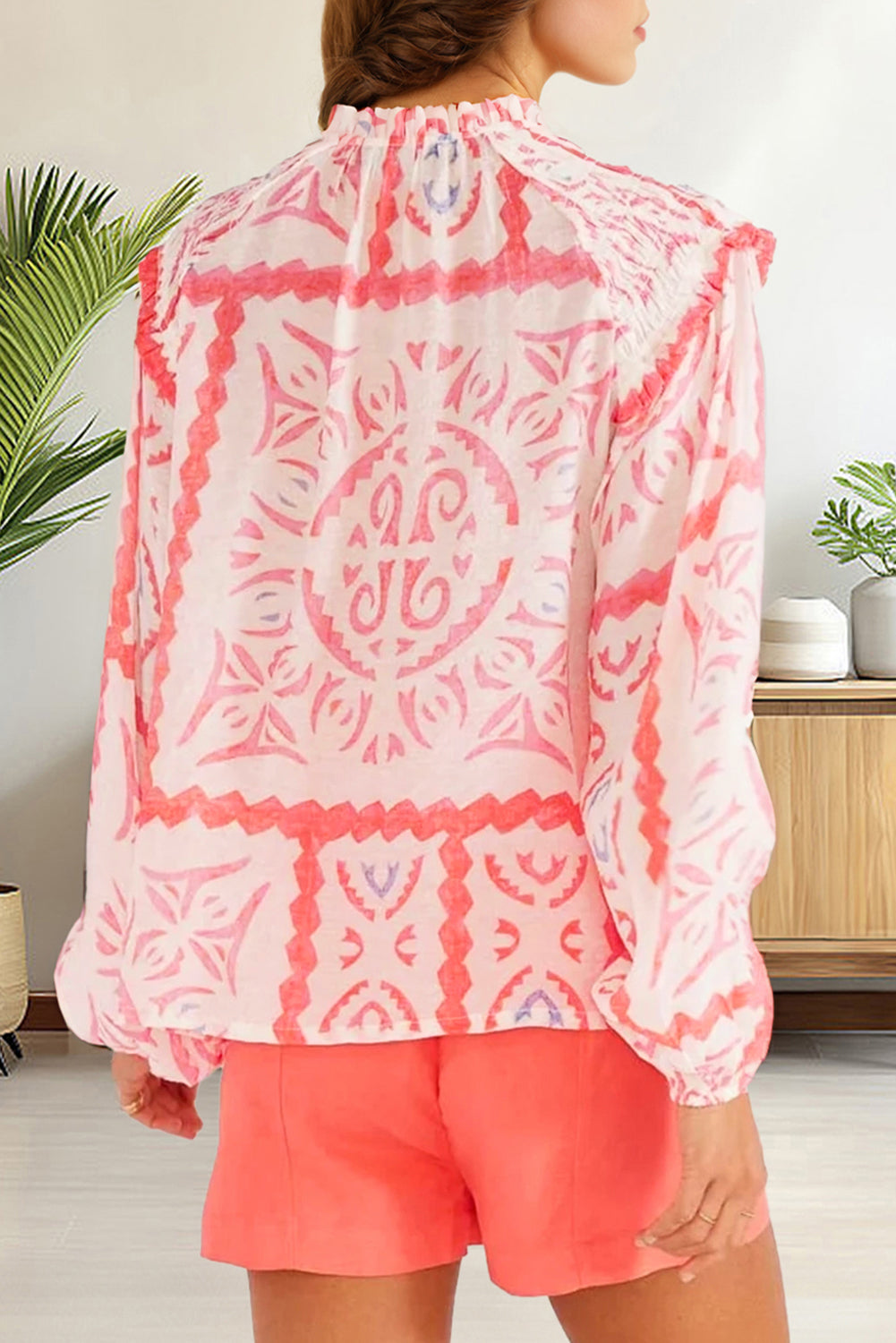 Desert Flower Vintage Print Vintage Western Blouse with Poet Collar & Blouson Sleeves | Loose Fit Printed Top