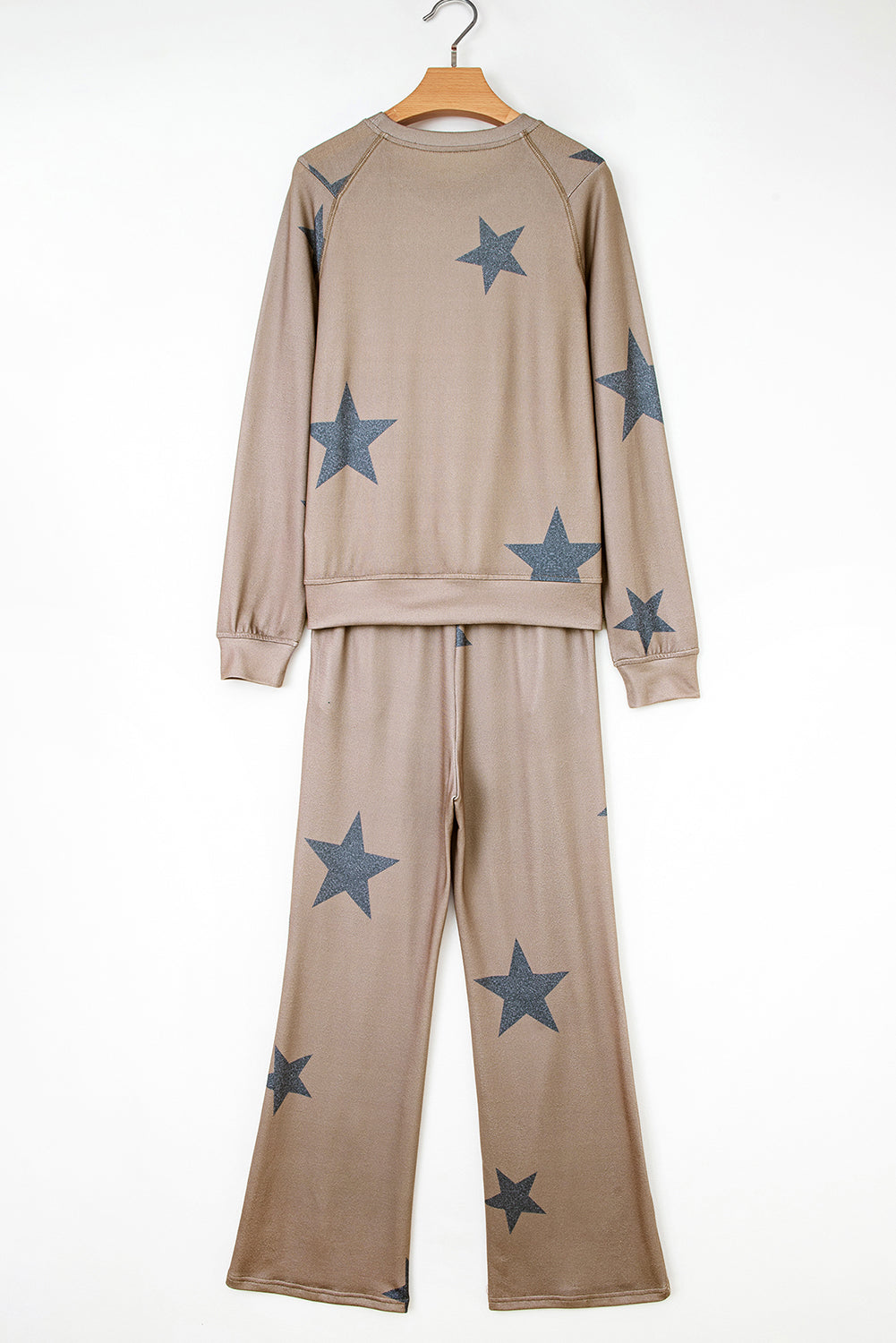 Cowgirl Pajamas, Khaki Retro Star Print Loose Long Sleeve Drawstring Wide Leg 2pcs Fall Lounge Set