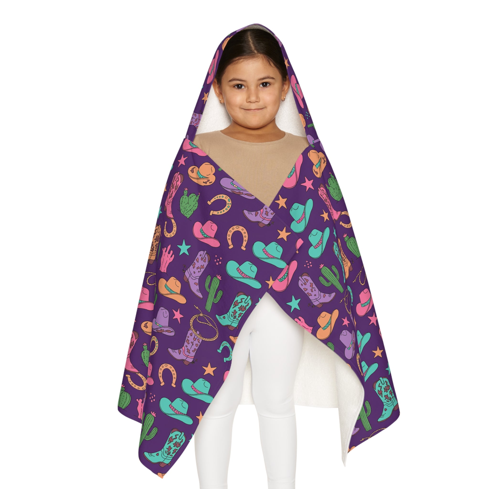Cowgirl Hooded Towel for Kids, Personalized Western Towel with Cactus, Boots & Horseshoes, Purple Pink Turquoise Bath or Beach Wrap