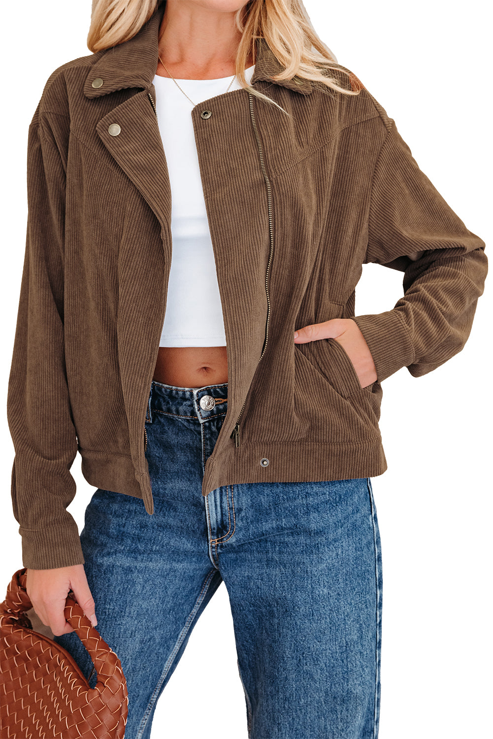 Women’s Western Corduroy Jacket – Brown Cowgirl Coat with Lapel Collar, Button &amp; Zip Front
