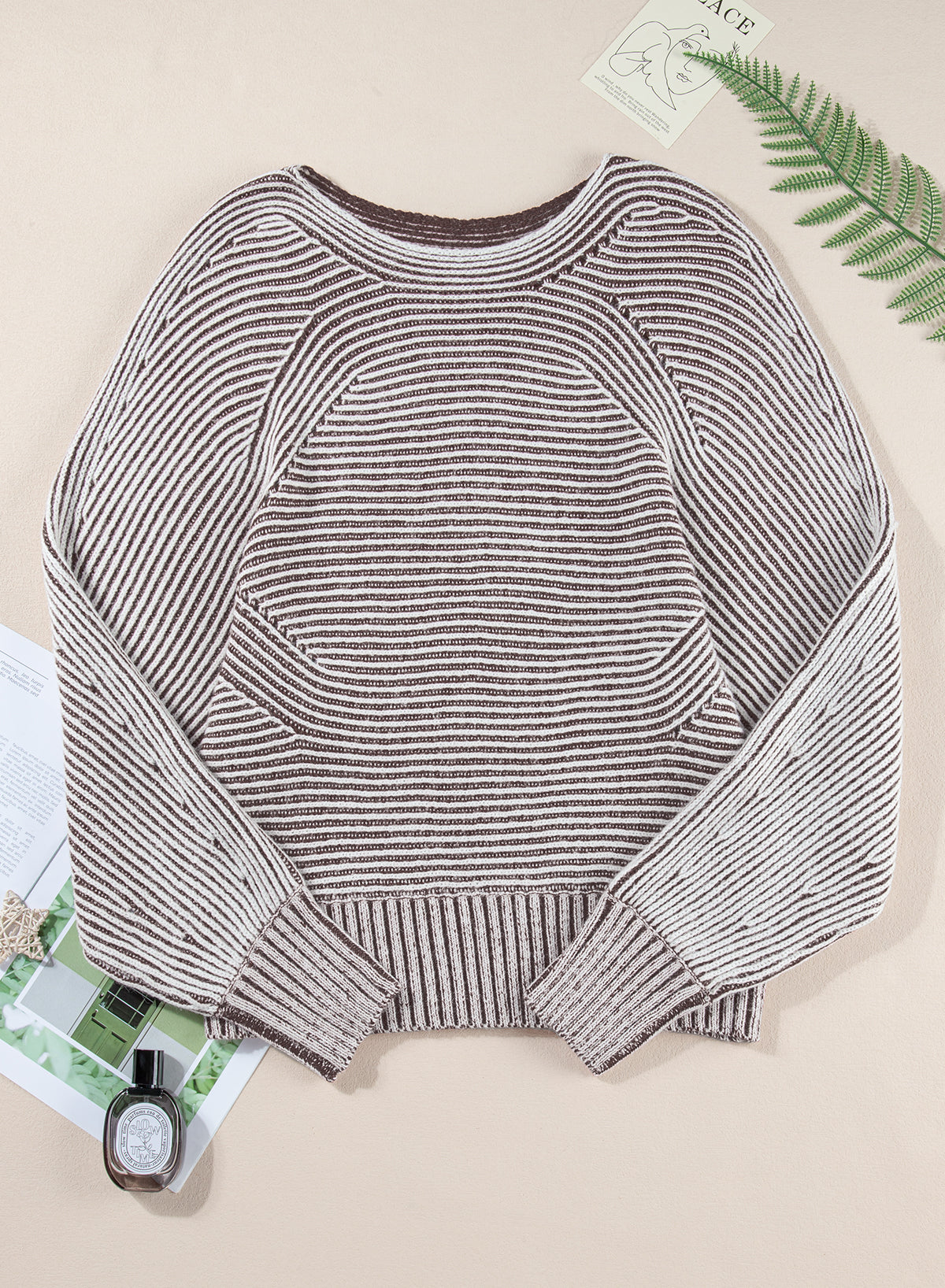 Coffee Striped Ribbed Knit Sweater, Womens Boat Neck Oversized Sweater, Cozy Baggy Striped Knit Top, Classic Ribbed Pullover