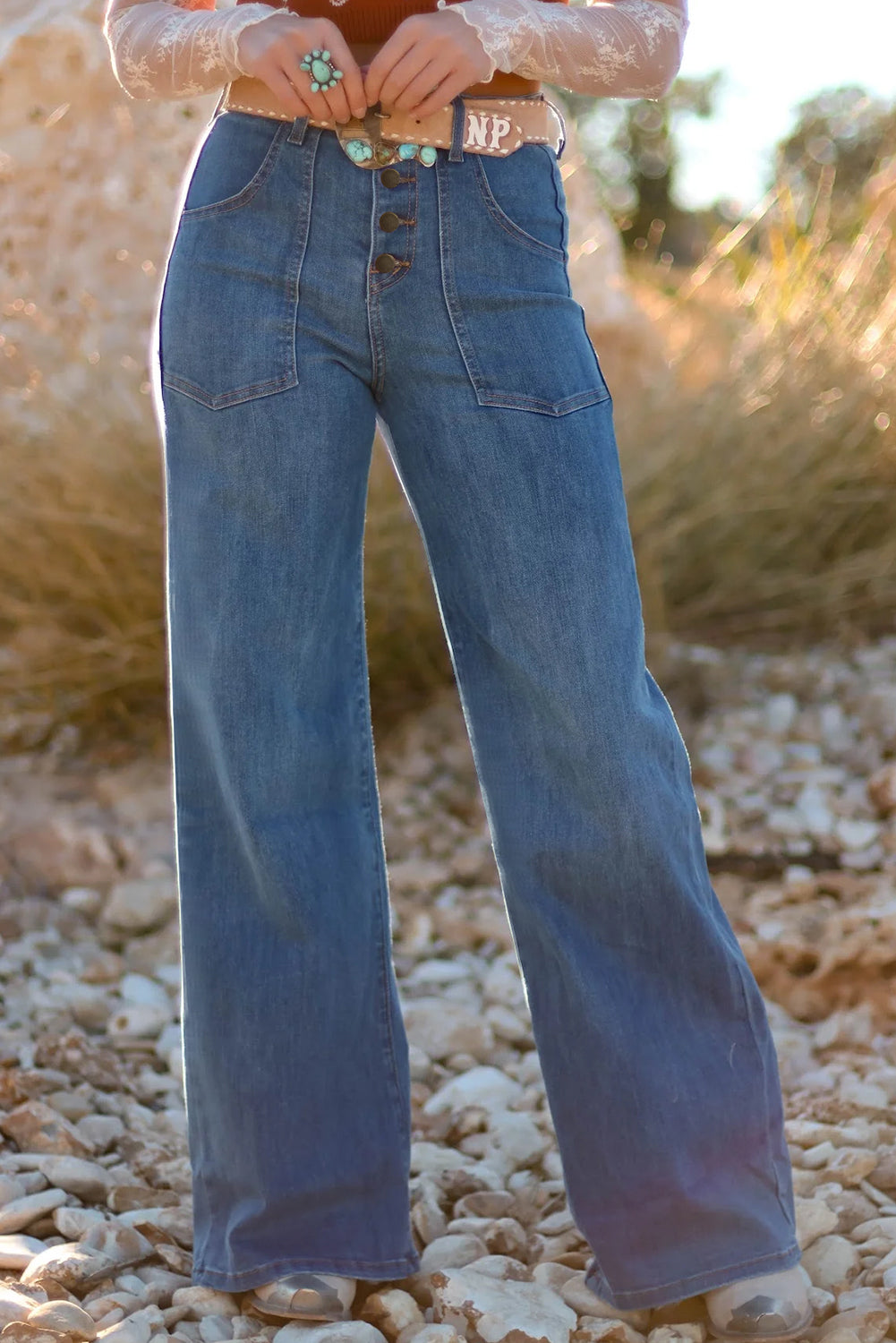 Blue Multi-Button Wide Leg Jeans – Women’s High Waist Stretch Denim with Pockets
