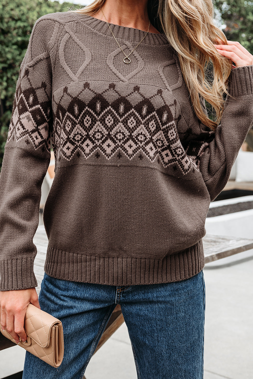 Womens Beige Western Geometric Sweater – Southwestern Knit Crew Neck, Chunky Fall Pullover