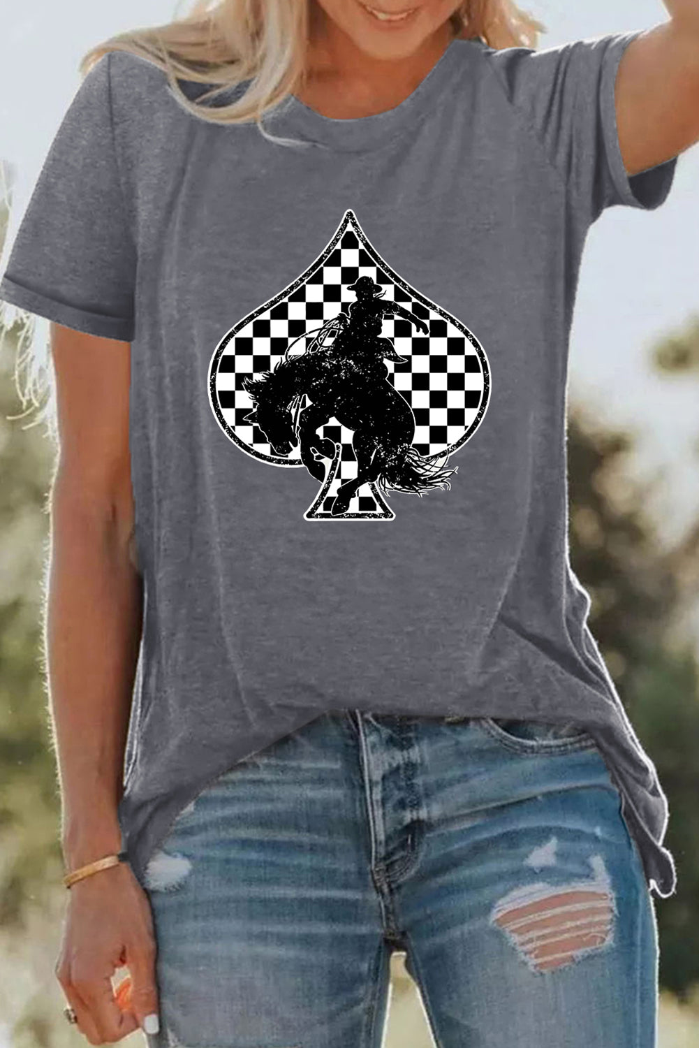 Gray Rodeo Poker T-Shirt | Western Bucking Horse Tee with Checkered Spades Graphic