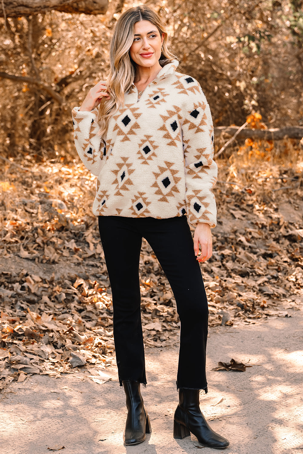 Khaki Aztec Sherpa Quarter Zip Sweatshirt – Cozy Western Print Pullover, Warm Fleece Half Zip Women’s Fall & Winter Casual Top