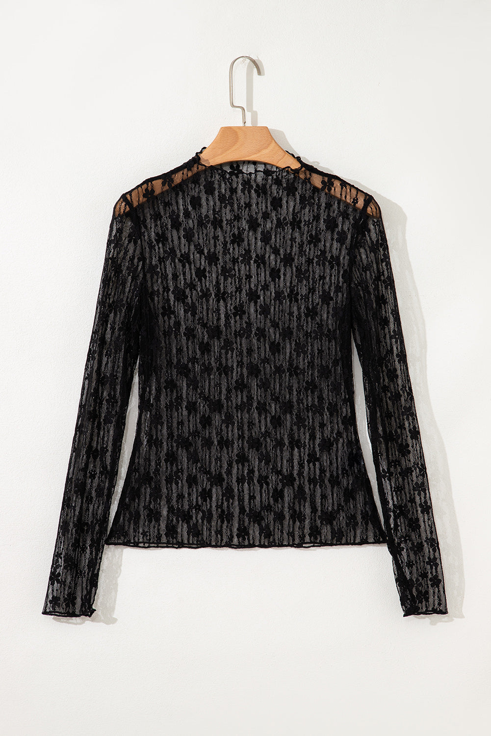 Black Sheer Floral Lace Long Sleeve Slim Fit Top, Womens Fall Western Shirt, Sexy Shirt