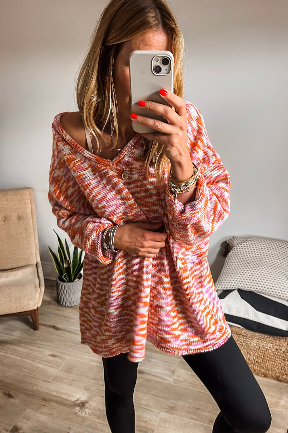 Women’s Orange Oversized Sweater – Fall Abstract Print V-Neck Drop Shoulder Tunic
