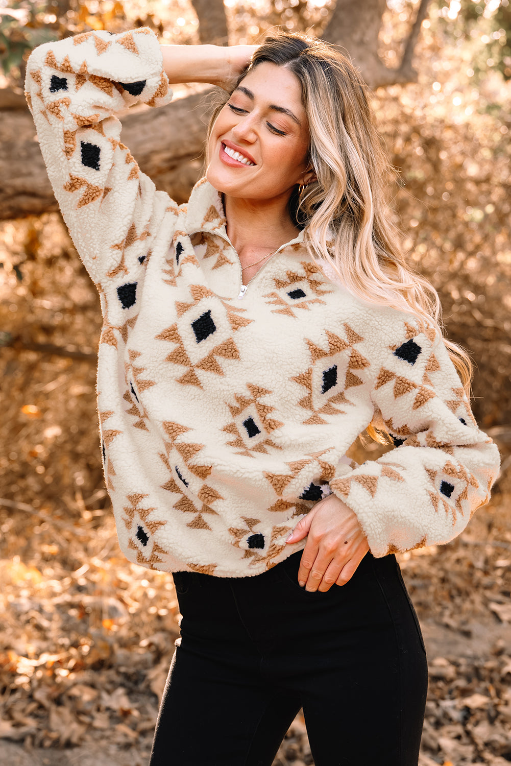 Khaki Aztec Sherpa Quarter Zip Sweatshirt – Cozy Western Print Pullover, Warm Fleece Half Zip Women’s Fall & Winter Casual Top