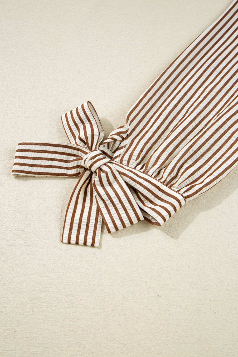 Fall Yellow Striped Blouse – Women’s Seersucker Split Neck Top with Tied Cuff Sleeves