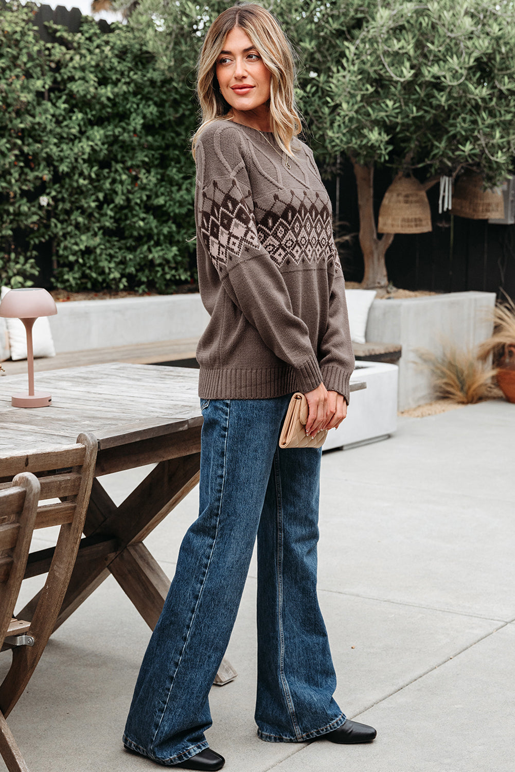 Womens Beige Western Geometric Sweater – Southwestern Knit Crew Neck, Chunky Fall Pullover