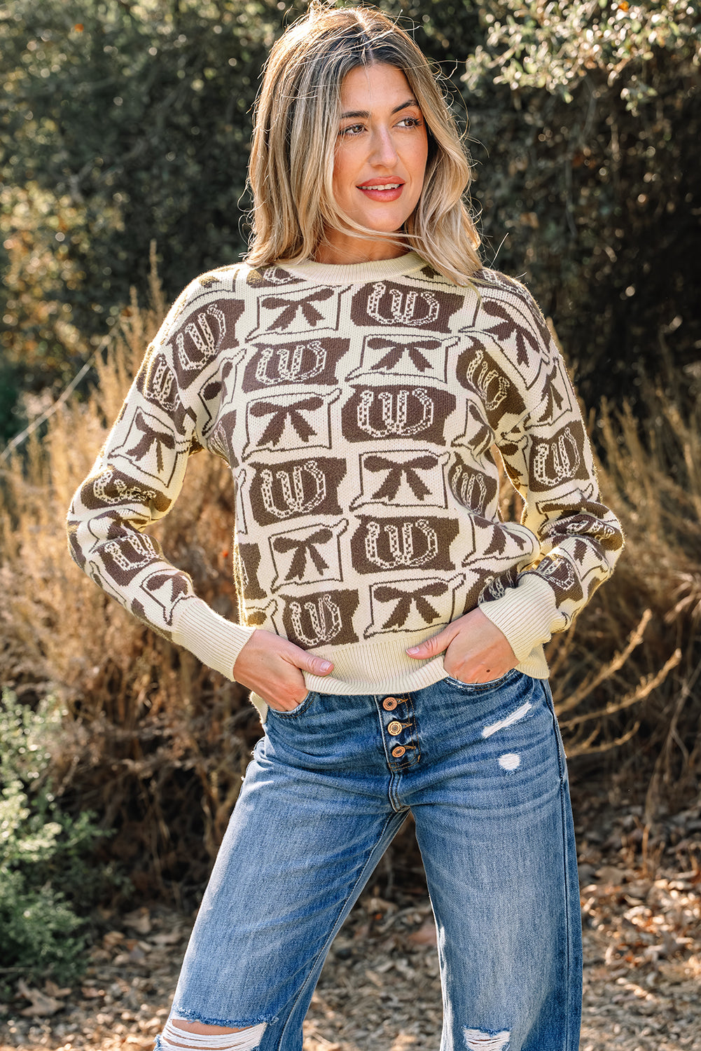 Brown Bows & Horseshoes Western Print Sweater | Cozy Cowgirl Knit Pullover