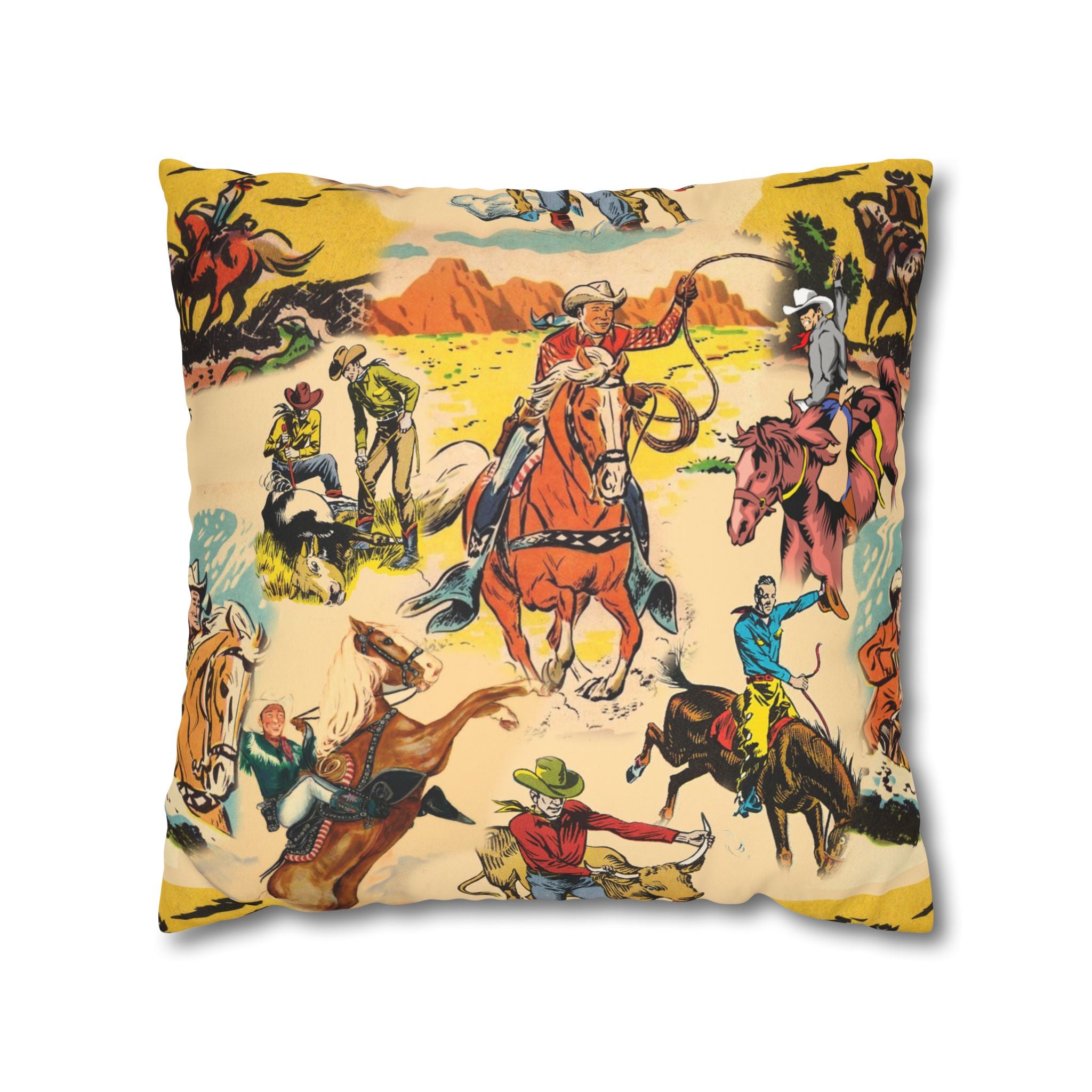 Vintage Cowboy Pillow Cover, Western Faux Suede Cushion Case, Rustic Cowboy Decor