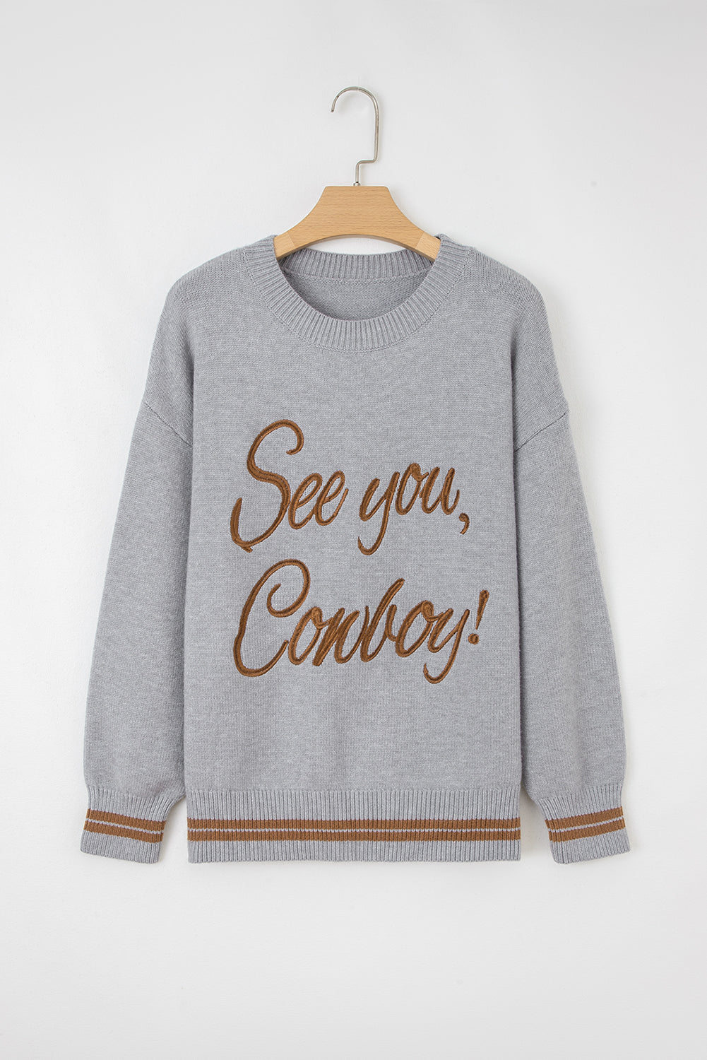 Light Grey “See You Cowboy” Embroidered Western Sweater | Oversized Drop Shoulder Graphic Pullover