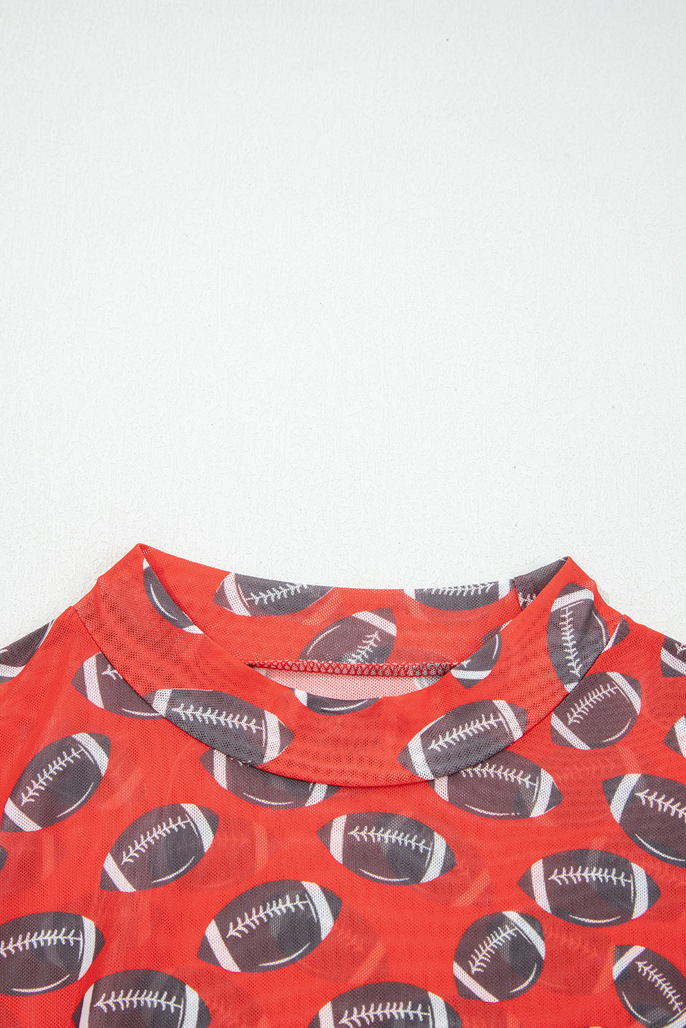 Red Football Mesh Top, Womens Game Day Sheer Long Sleeve Shirt, Sexy Mock Neck Football Print Top, Sporty Tailgate Outfit