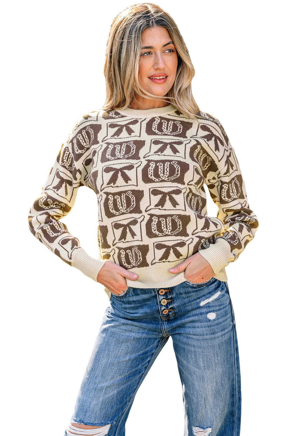 Brown Bows & Horseshoes Western Print Sweater | Cozy Cowgirl Knit Pullover