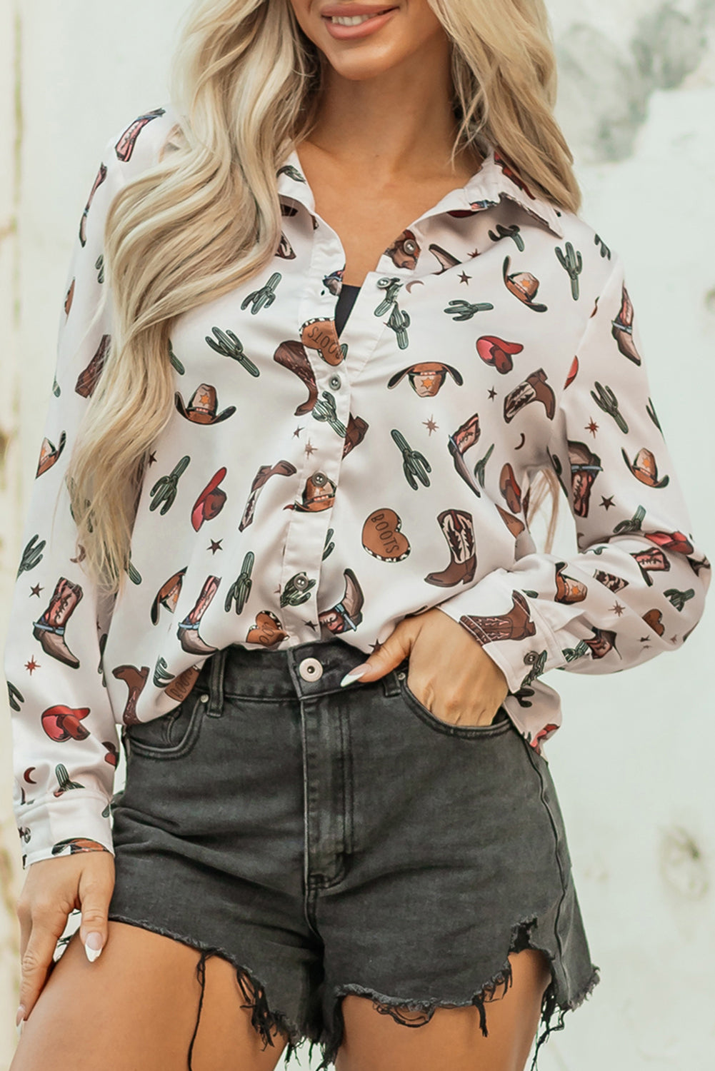 Women’s White Western Print Button Up Shirt – Cowgirl Boots Blouse, Casual Rodeo Top