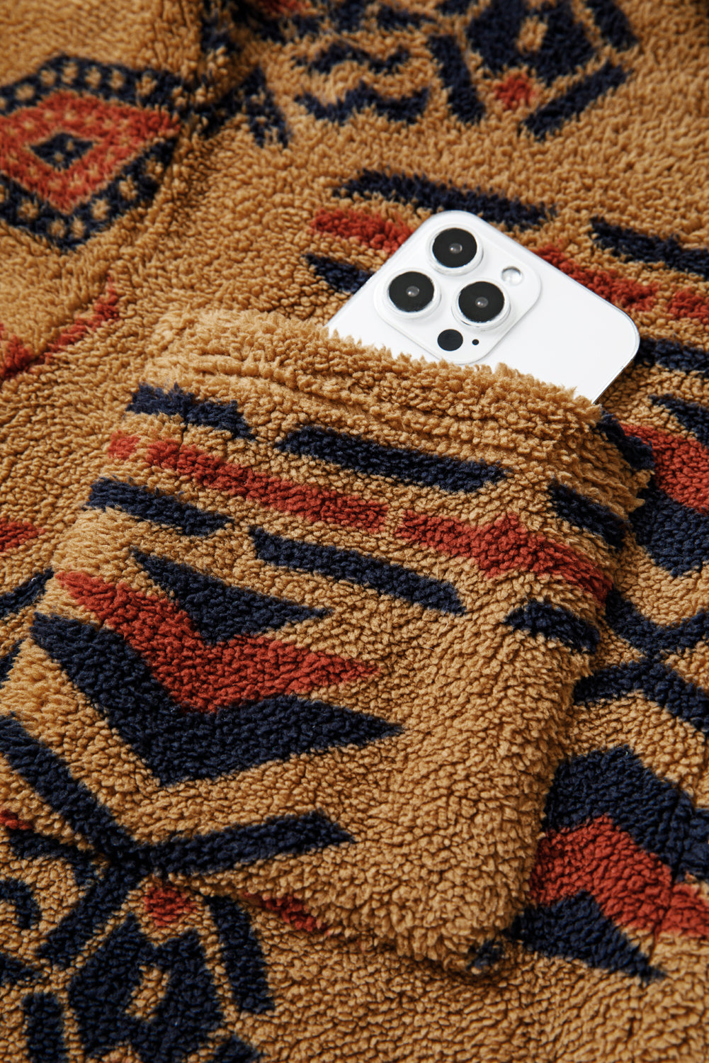 Khaki Aztec Fleece Shacket – Western Button Front Jacket Shirt with Pockets, Cozy Fall & Winter Layering Top