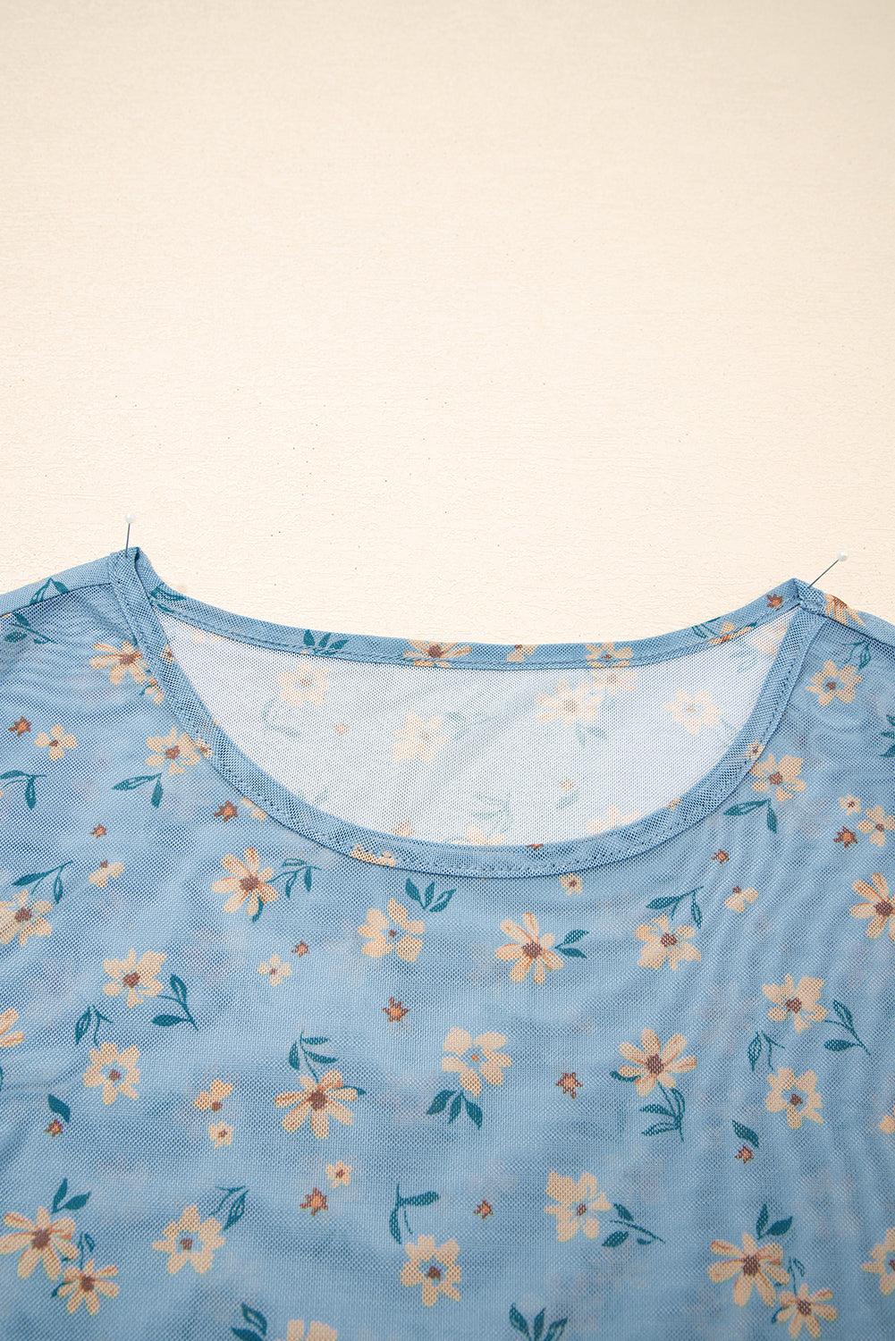 Sky Blue Floral Mesh Top, Vintage Sheer Long Sleeve Blouse, Womens Slim Fit Southern Style Top, Sexy Sheer Lettuce Trim Shirt