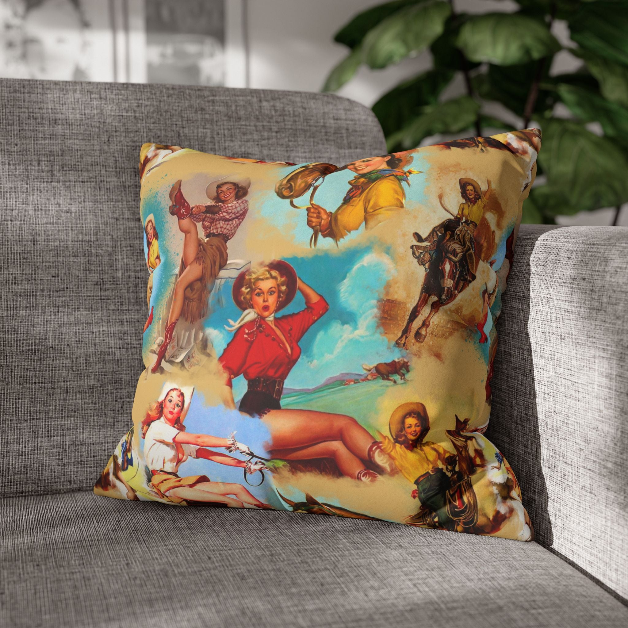 Western VINTAGE Cowgirl Throw Pillow Cover, Retro Western Decor Accent
