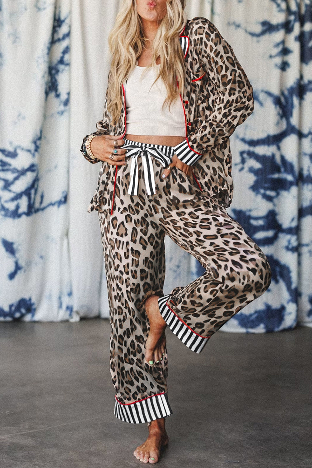 Womens Leopard Print Pajama Set – Colorblock Striped Shirt &amp; Pants, Cozy Lounge Sleepwear