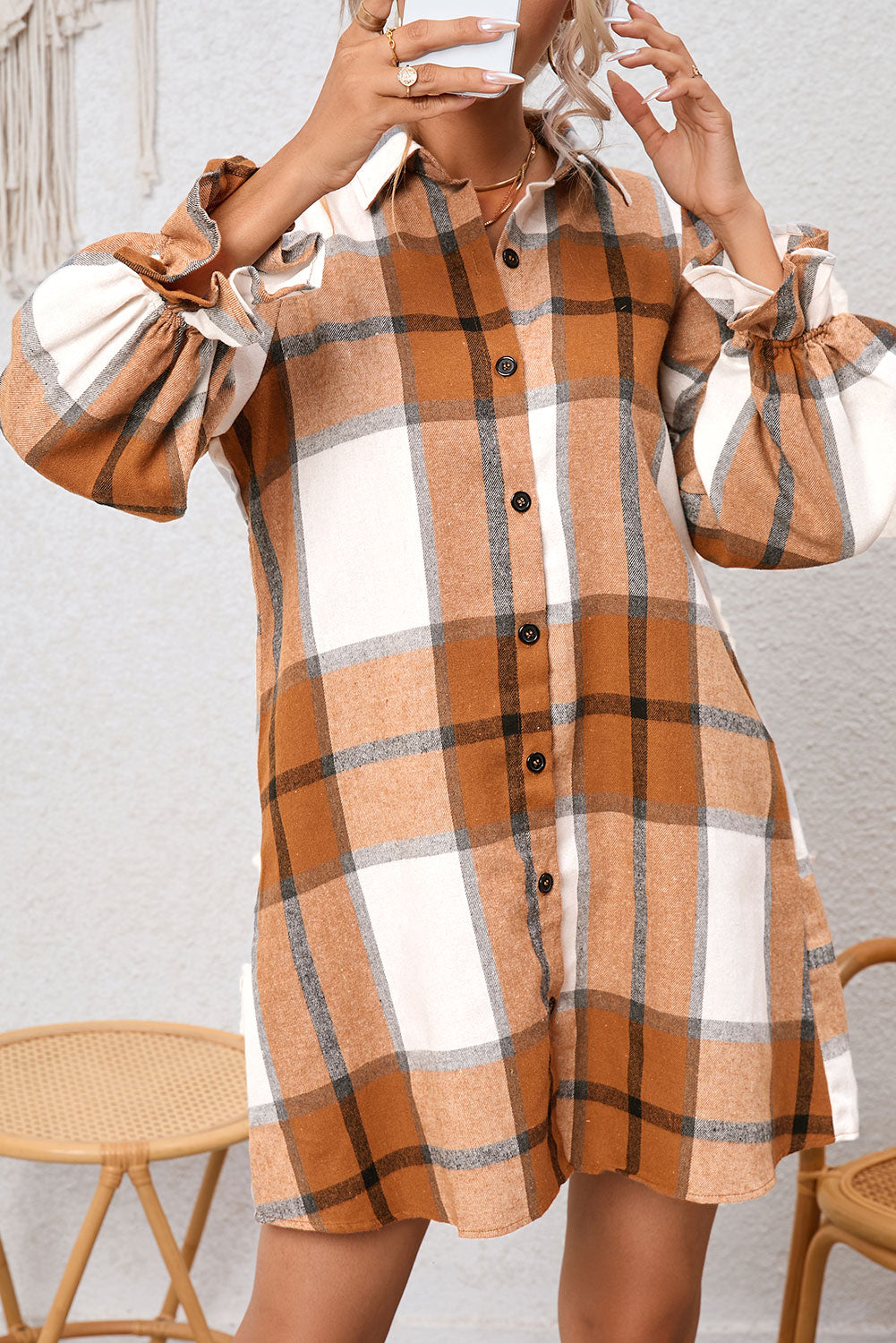Khaki Plaid Shirt Dress – Ruffled Sleeve Button Up Women’s Fall Dress, Collared Plaid Mini Dress for Autumn Outfits