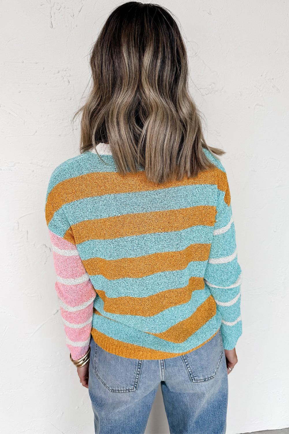 Gold Color Block Striped Sweater – Women’s Knit Crew Neck Pullover, Trendy Fall Oversized Stripe Boutique Sweater Top
