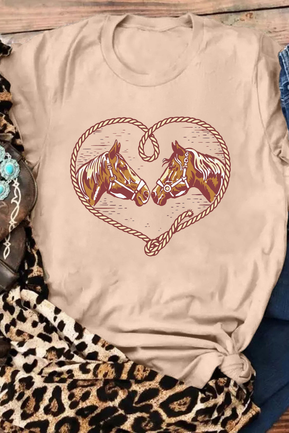 Western Horse Graphic T-Shirt | Cowgirl Casual Tee with Heart Rope Design