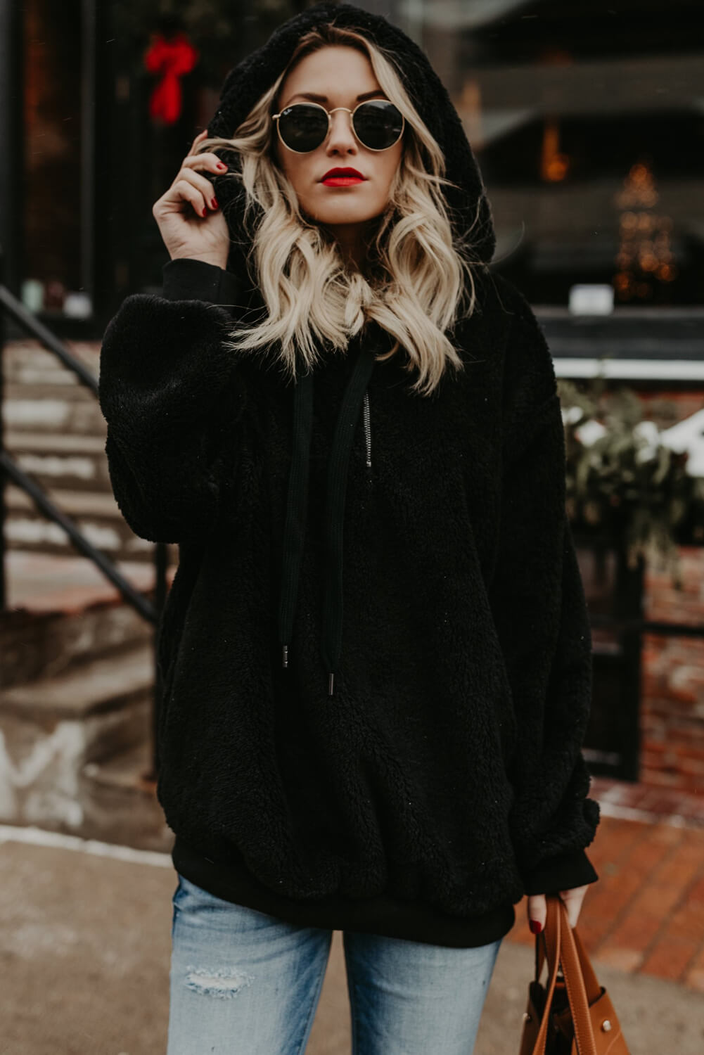 Women’s Black Furry Pullover Hoodie – Warm Winter Sweatshirt with Zip Neck & Drawstring Hood