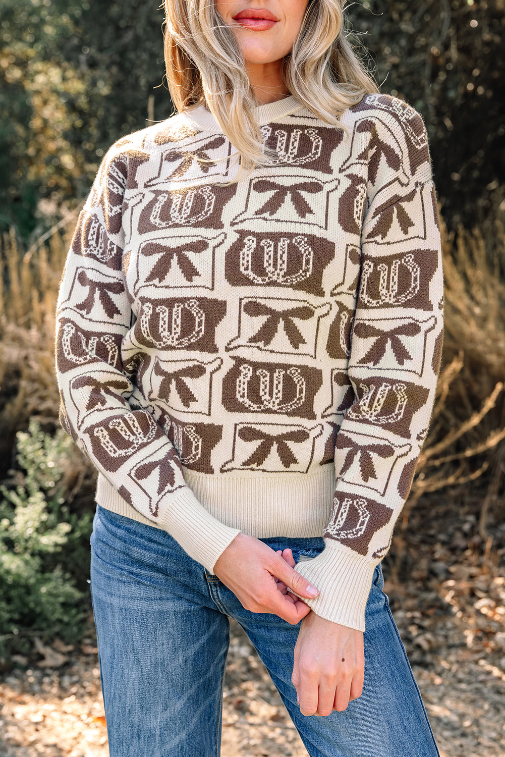 Brown Bows & Horseshoes Western Print Sweater | Cozy Cowgirl Knit Pullover