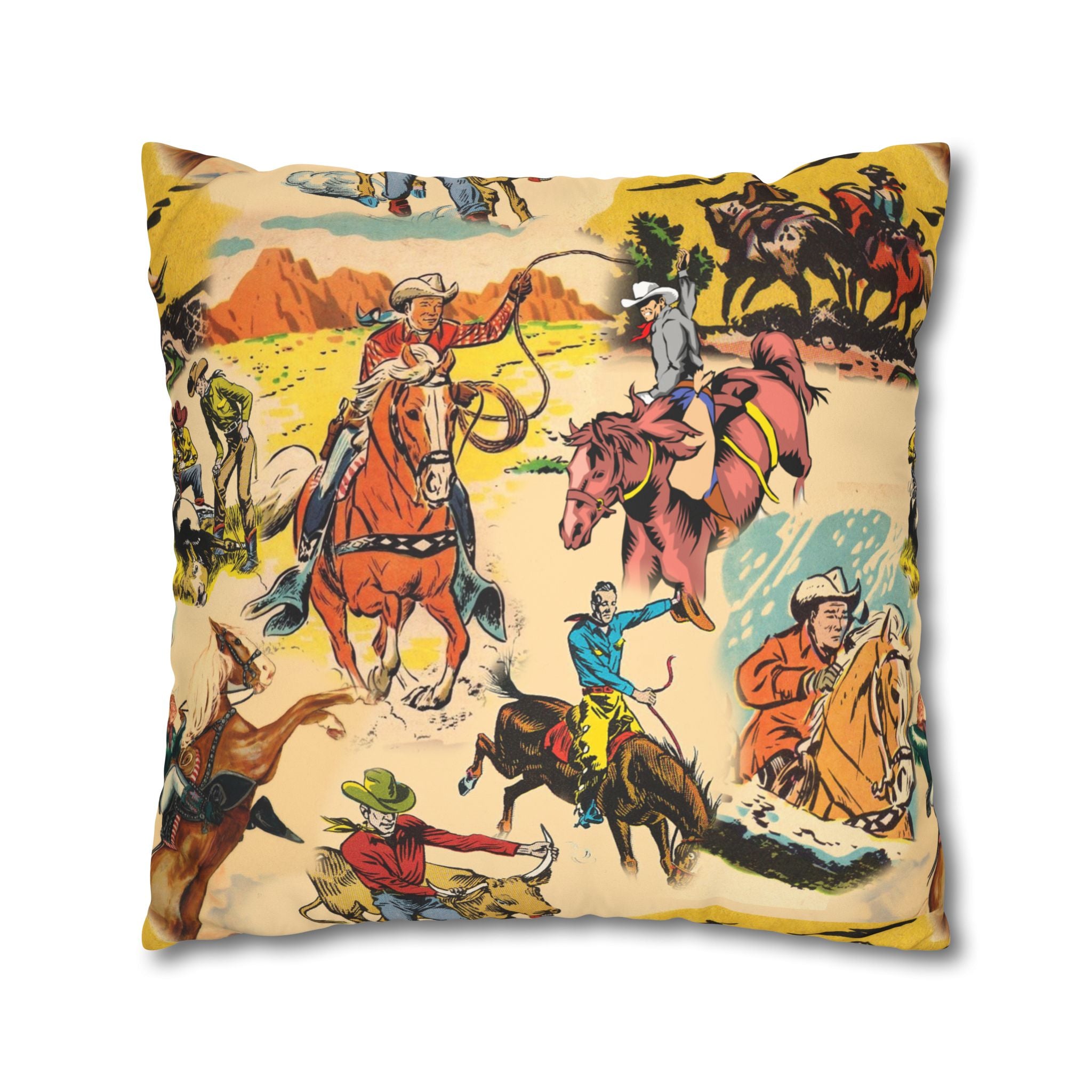 Vintage Cowboy Pillow Cover, Western Faux Suede Cushion Case, Rustic Cowboy Decor